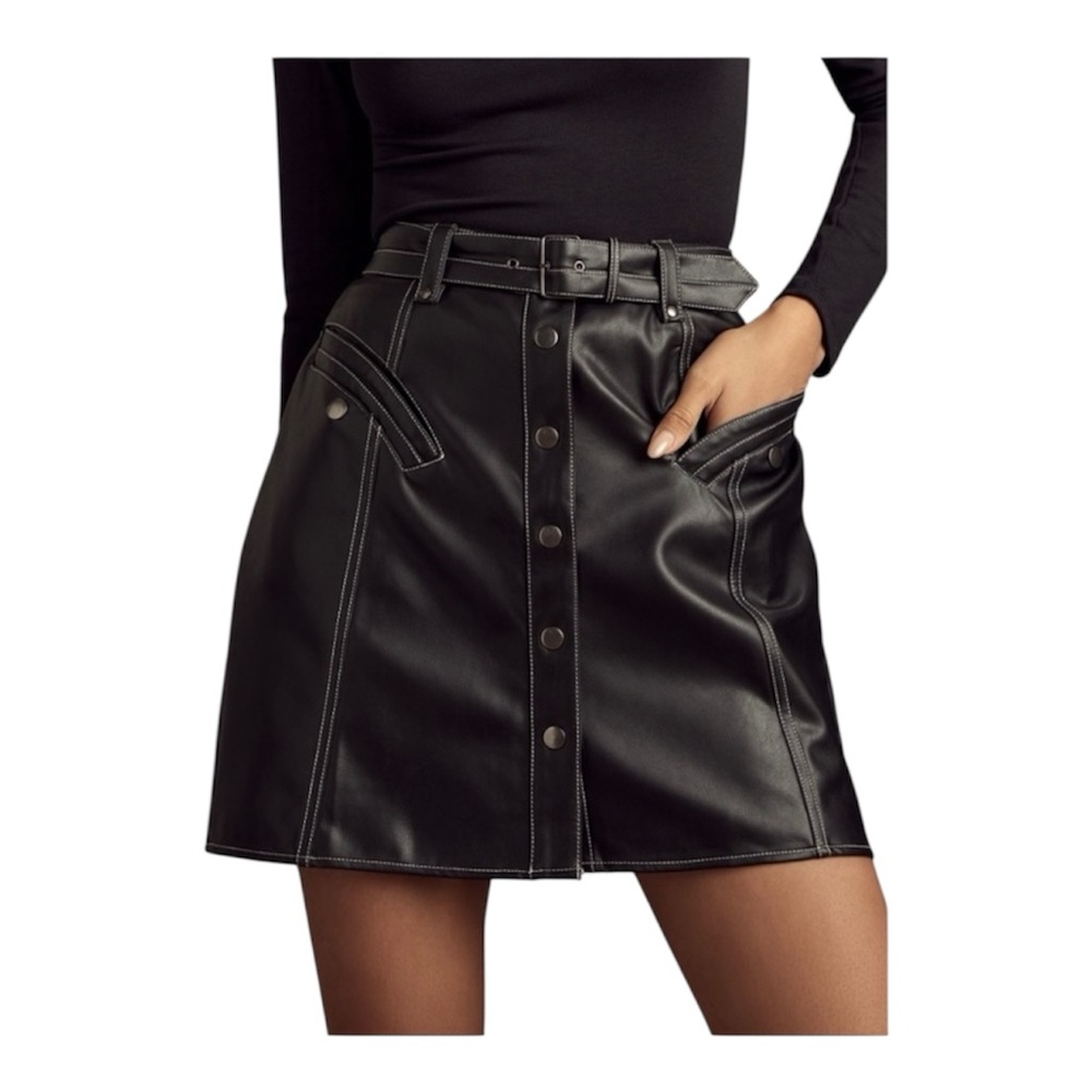 Anthropology Maeve Faux Leather Button Front Belted Mini Skirt Size 4 NWOT